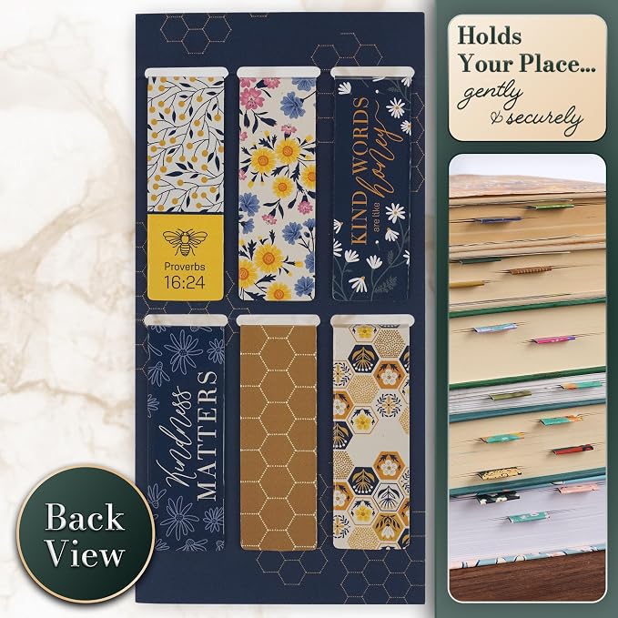 Christian Art Gifts Colorful Inspirational Magnetic Scripture Bookmark Set for Women: Kind Words are Like Honey Themed Navy Blue & Yellow Multicolor Floral Theme for Books, Bibles, Papers, Set of 6