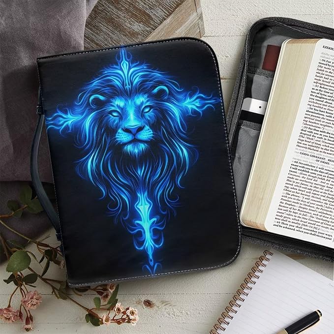 Lion Cross Bible Covers for Women Large Size PU Leather Bible Carrying Case with Handle Waterproof Bible Protector Portable Bible Organizer Bag