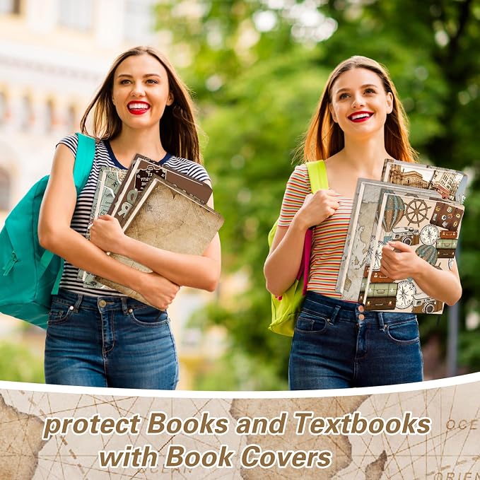 Gilprop 6 Pack Jumbo Stretchable Book Covers, Colorful Covers for Textbook Protection and Care, Washable Reusable Protective for Paperbacks Hardcover Books(Map,Brown,9-11inch)