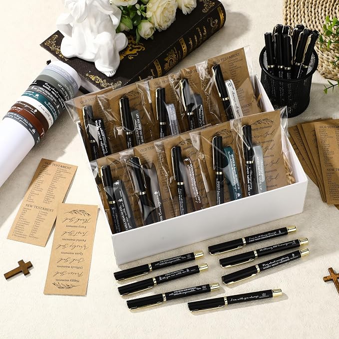 Gueevin 40 Sets Christian Gifts Bulk for Father Religious Faith Bookmarks Bible Verse Gel Pen Bible Scripture Silicone Bracelet for Men Women Church Basket Stuffers(Black,Classic)