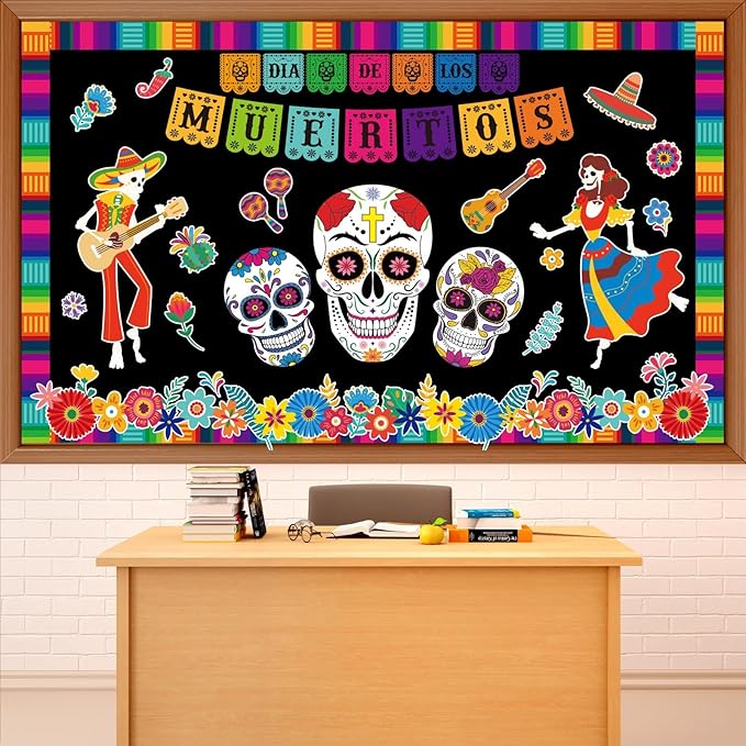 Dia De Los Muertos Bulletin Board Decorations Day of The Dead Altars Decor Colorful Sugar Skull Paper Cutouts Mexican Fiesta Party Supplies for Mexican Home School Halloween Holiday Wall Decor