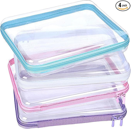 4 Pcs Clear Hard Shell Zipper Case, Hard Sided Pencil Case Clear Zipper Toys Puzzles Organizer, Travel Plastic Pouch for Makeup Storage Box, Building Blocks Bins