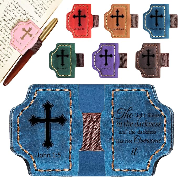 Personalized Leather Bookmark with Pen Holder - Magnetic Bible Verse Design, Christian Book Lovers Reading Accessory, for Book Lovers Men Women (Blue, John 1:5)