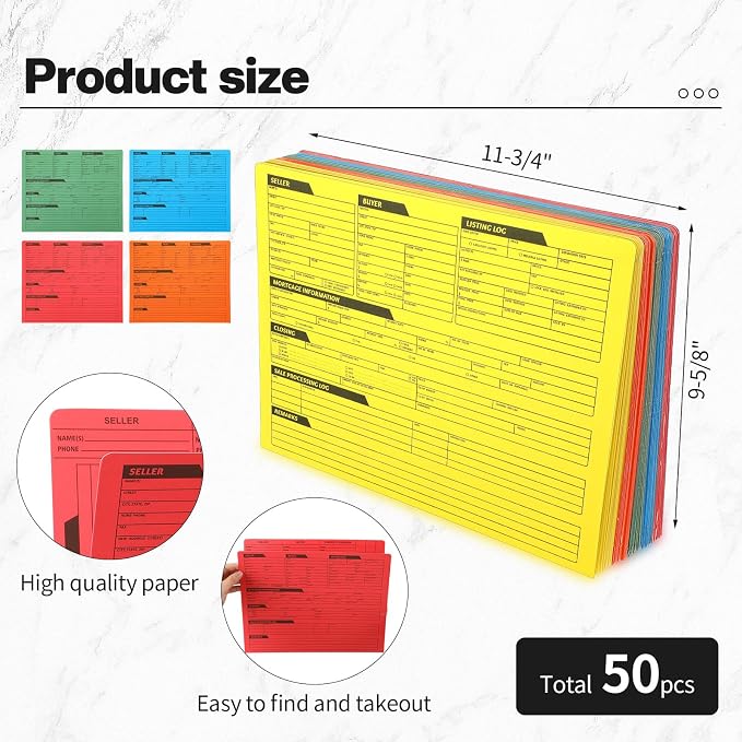 Yeaqee 50 Pcs Real Estate Listing Folder Pre Printed Right Panel List Durable Real Estate Agent Supplies Planner with Closing Checklist for Documents Organizing, 5 Colors