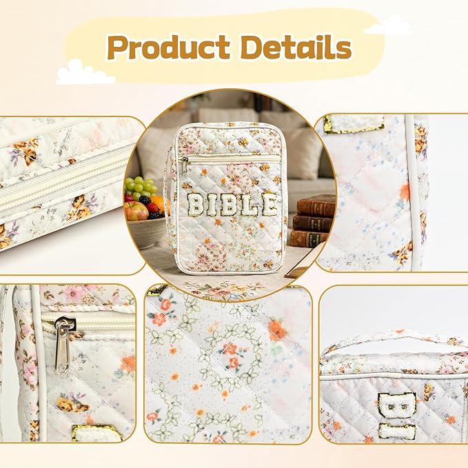 Bible Cover Case for Women Large Chenille Letter Bible Bag with Handle Quilted Bible Carrying Case for Girls Bible Study Supplies Accessories (Spliced Flower)
