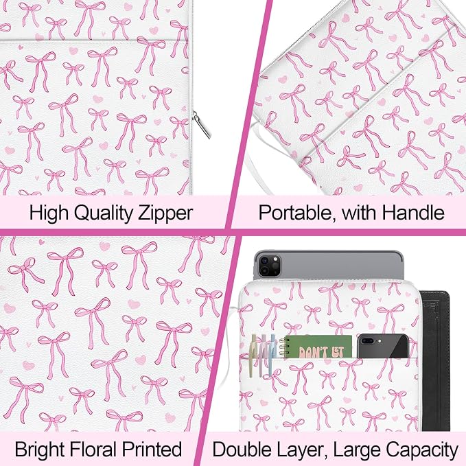 Pink Bow Printed Bible Book Sleeve with Pockets,Padded Protector Washable Book Covers,Books Pouch with Handle Zipper,Travel Book Carrying Case for Books Lover Hardcover,Mother's Day Christian Gifts