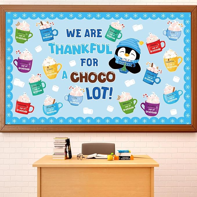 Funrous 51 Pcs Winter Bulletin Board Set Classroom Decor Winter Bulletin Boards We are Thankful for a Chocolate Lot Penguin Latte Paper Cutouts for Christmas Holiday School Classroom Home Wall Decor