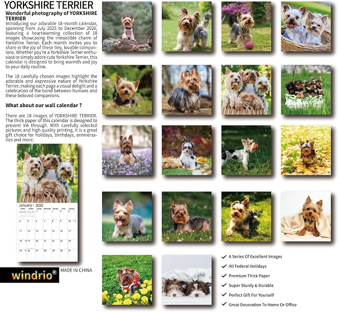 2026 Wall Calendar,Calendar 2026, July 2025 - December 2026, Wall Calendar Yorkshire Terrier Puppies, 12" x 24" Opened,Full Page Months Thick & Sturdy Paper for Calendar Organizing & Planning