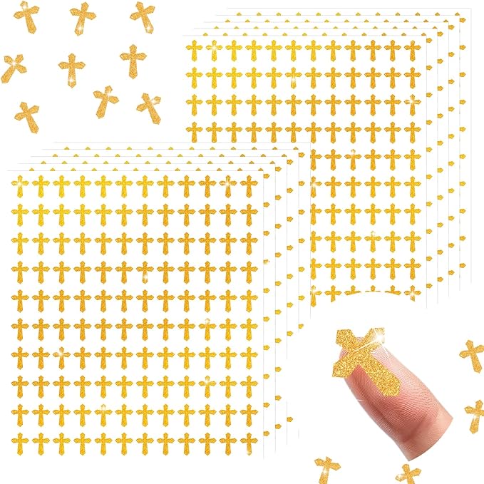 Whaline 1200Pcs Easter Mini Holographic Stickers Self Adhesive Stickers Gold Cross Sparkly Label Decals for Craft Scrapbook Envelope Card Teacher Reward, 10 Sheets