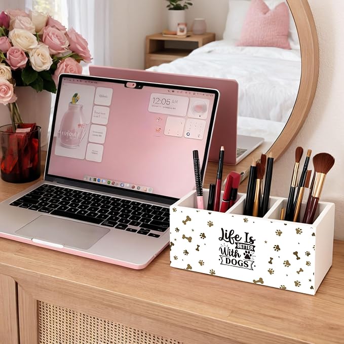 Dog Lover Desk Organizer Wooden Pen Pencil Holder for Desk, 3 Compartments Office Accessories, Life Is Better with Dogs Decor, Dog Lover Gifts for Women Men Home Office Storage