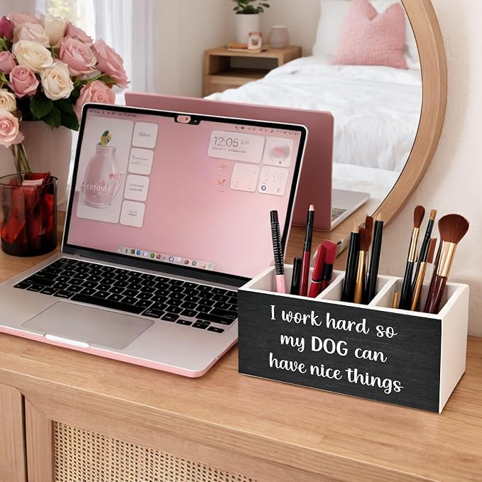 Dog Lover Desk Organizer Wooden Pen Pencil Holder for Desk, 3 Compartments Office Accessories, I Work Hard So My Dog Can Have Nice Things Funny Decor, Cute Puppy Theme Table Storage for Women Men