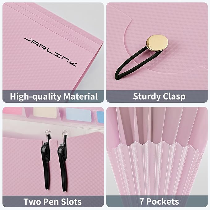 JARLINK 7 Pockets Expanding File Folder, A4 Accordion File Folders with 12 Labels, Cute Paper Organizer, Portable Document Organizer for College School Office Supplies, Macaron Pupple & Macaron Pink