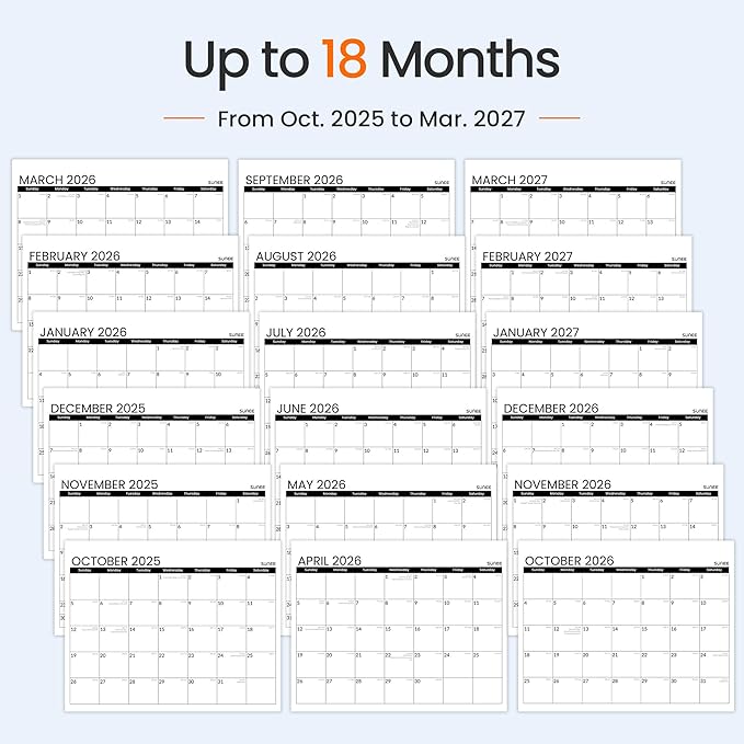 SUNEE Calendar 2026 18 Months Wall Calendar Oct. 2025 - Mar. 2027, 14.5"x11.5" Big Grid Hanging with Thick Paper for Organizing & Planning, Black