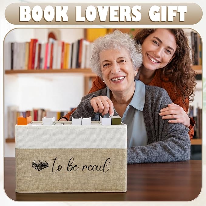 Marsui Book Lover Gifts TBR Book Storage Basket with Lids to Be Read List Storage Bin Bookish Accessories Bookworm Gift for Club Members Student Teacher Reading Accessories (Camel)