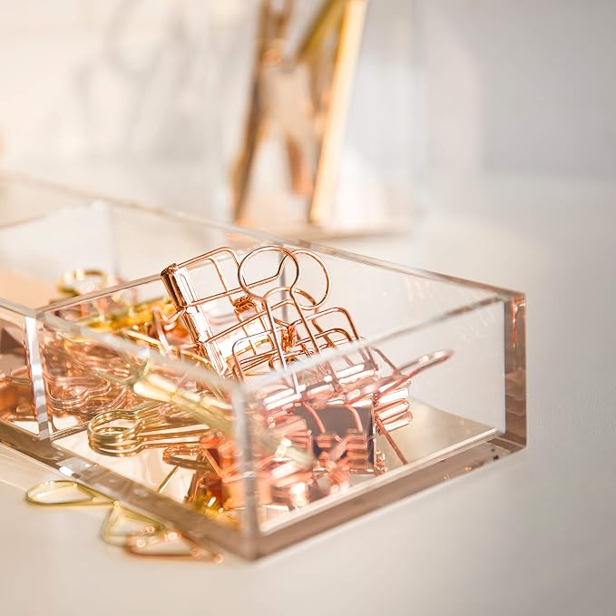 Premium Acrylic and Gold Base Note Holder, Paper Clips Holder for Desk, Cube Memo Pad 3 Compartments Desktop Organizer