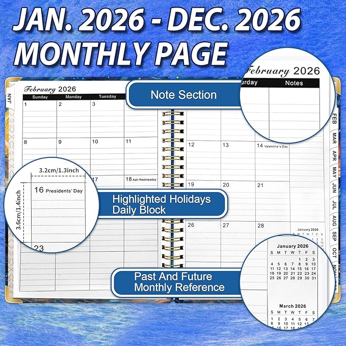2026 Planner from Jan.2026 - Dec.2026, 6.3" X 8.5" Weekly Monthly Planner, Daily Planners Spiral Bound, Hardcover Agenda 2026 Planners for School Office