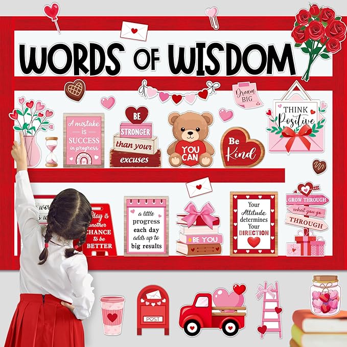 Mooliwe 57 Pcs Sweet Bulletin Board Set Pink Red Heart Envelope Paper Cutouts Positive Quotes Classroom Bulletin Board Decor for School Chalkboard Wall Door Window