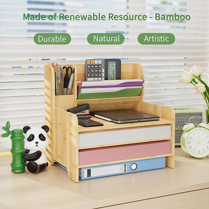 Desk File Organizer - 6-Tier Desktop Mail Letter Tray Paper Document Organizer with Pen Holder for Home Office Supplies, Office Desk Accessories & Workspace (Nature)