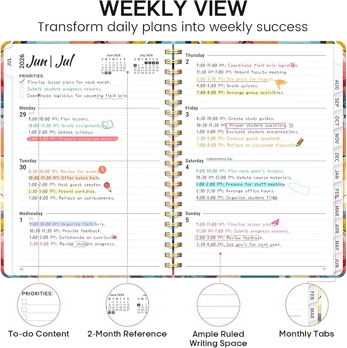 Academic Planner 2026-2027, Weekly and Monthly Calendar Book, July 2026 – June 2027, Hardcover Planner with Tabs, Perfect for Teachers, Students, Women & Men, A5 (6.4" x 8.5") - Pastel Garden