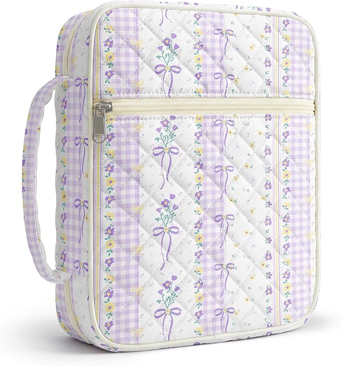 WOBAGMEN Bible Cover Case for Women,Large Bible Tote Bags Organizer Quilted Carrying Case for Girls,Bible Study Supplies Accessories Christian Gifts for Women (Purple Bow Floral pin, M)