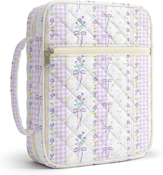 WOBAGMEN Bible Cover Case for Women,Large Bible Tote Bags Organizer Quilted Carrying Case for Girls,Bible Study Supplies Accessories Christian Gifts for Women (Purple Bow Floral pin, M)