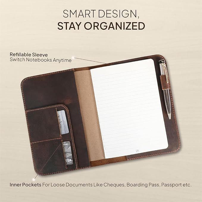 Genuine Leather A5 Journal Cover Refillable Notebook Cover, Fits 5.75 x 8.25 in, Card Slots Pocket & Pen Holder, Handmade Professional Leather Organizer for Men & Women, Travel & Work Diary Cover (Brown)