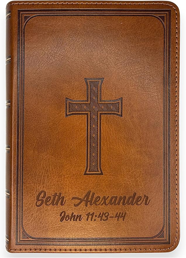 Personalized Compact Large Print Bible KJV Faux Leather Holy Bible Custom Name 3 Rows of Text & Red-Highlighted Verses, Personal Gift for Christian & Religious Celebrations | Brown