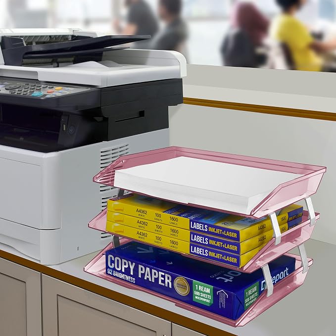 Acrimet Facility 3 Tier Letter Tray, Side Load, Letter Size/A4, Desktop File Organizer, Plastic (Clear Pink Color)