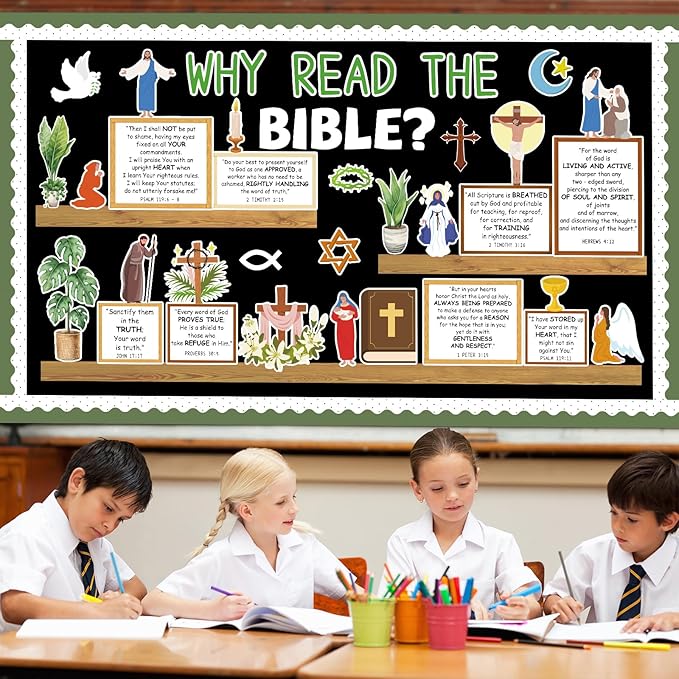 gisgfim Christian Plant Bulletin Board Decorations Set Religious Bookshelf Motivational Paper Cutouts Bible Verse Bulletin Board Decor for Classroom Back to School Sunday School Chalkboard Wall