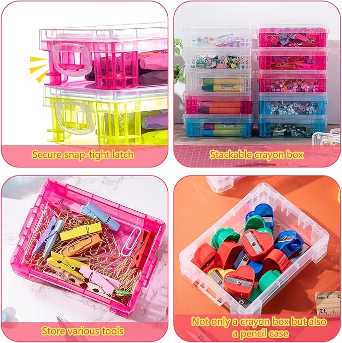 Suzile 25 Pcs Plastic Crayon Boxes with Snap Lids Crayon Storage Organizer Stackable Container Bulk Pencil Case for Pen Crafts Classroom Supplies (Clear, Pink, Blue, Green)