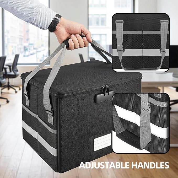 novelinks File Box with Lock, Fireproof Document Box for Home Office,Collapsible Storage Box with Mesh Pockets & Zipper & Handle, Cabinet for Hanging Letter/Legal Folder,Black (Single-layer)