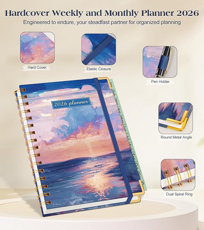 2026 Planner, Hardcover Weekly and Monthly Planner for Women, January 2026 - December 2026, Spiral Yearly Agenda Organizer Book 2026 with Tabs, Daily Calendar Planners for School Work Home, A5 (5.75" x 8.38"), Seaside Sunset