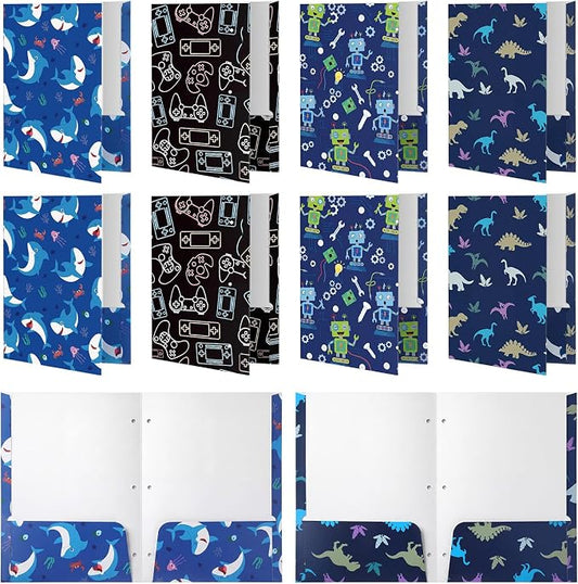Marspark 12 Pack Pocket Folders for Boys School Folder with Pocket 3 Hole and 2 Pockets Compatible File Holder Heavy Duty Fun Trendy Design for Back to School Office Elementary Classroom Filing