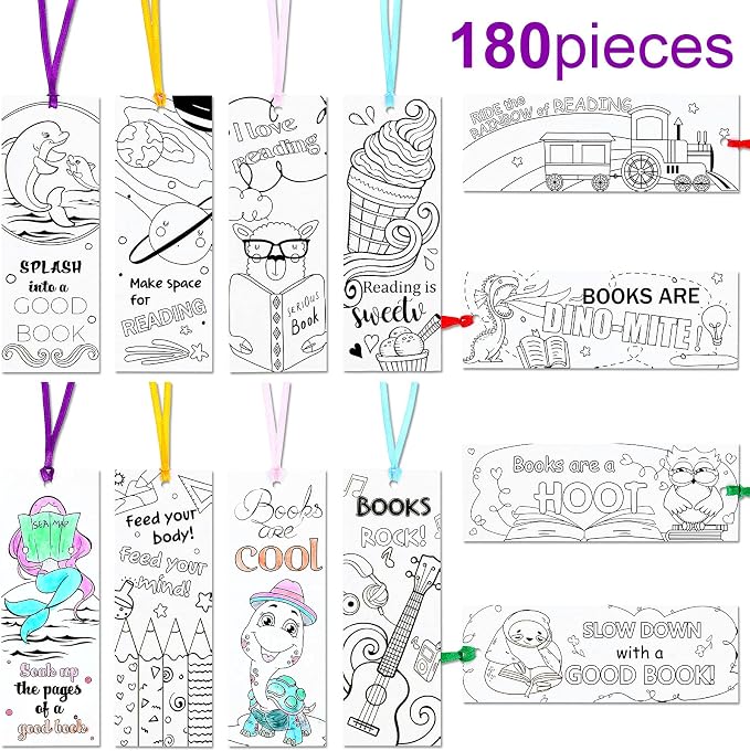 Outus Color Your Own Bookmarks DIY Coloring Blank Paper Double-Sided Patterned Bookmarks for Rewards Supplies(180 Pieces)