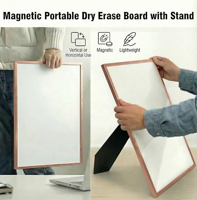 Small Whiteboard 12 x 16 Inch Magnetic Dry Erase Board with Stand & Wall Mount | Rose Gold Aluminum Frame | Desktop Board for Home, Office, Reception, Events | 2 Markers, Eraser & 2 Magnets