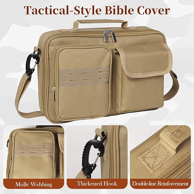 Tactical Bible Cover for Men, Bible Carrying Case with Multiple Pockets & Top Handle & Shoulder Strap & MOLLE System, Bible Bag for Church, Study, Travel, Bible Protector and Christian Gift (Apricot)