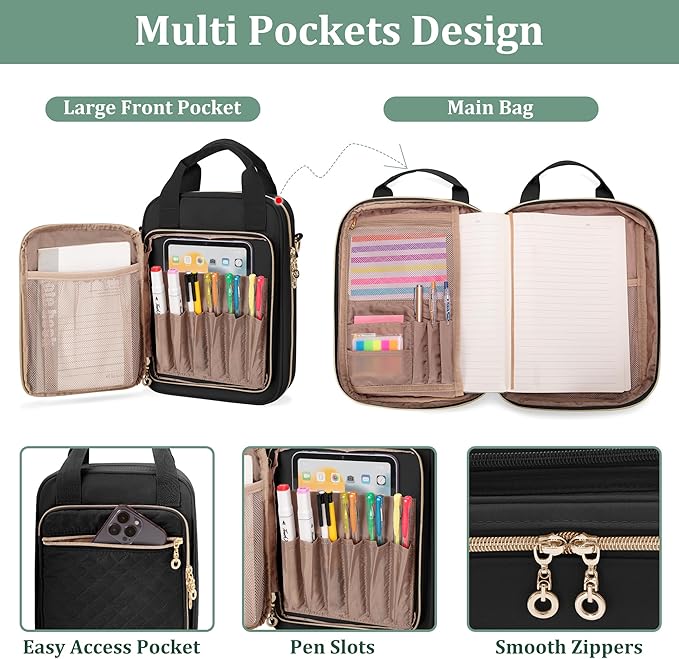 Teamoy Journal Supplies Storage Case, Journal Supplies Holder with Pen Slots, Travel Organizer Holder for B5 Notebooks, Planner, Pens, Journal Supplies and Accessories, Black Quilted