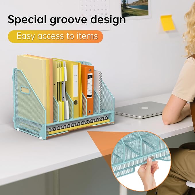 Docnest Desk File Holder Sorter, 5 Vertical Compartments Rack with Letter Tray, Mesh Magazine File Holder with Handle,Workspace Organizers,Desk Organizers for Paper, Mail, Documents-Blue