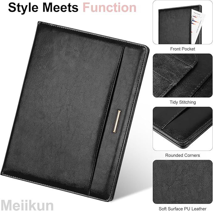 Padfolio with Clipboard, PU Leather Business Portfolio Binder, Interview Resume Folder with Card Holder, A4 Letter Document Organizer Included Writing Note Pad for School Office Conference (Black)