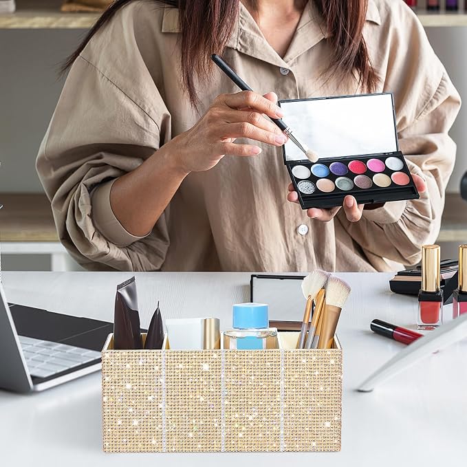 Bling Makeup Brush Organizer for Women, Rhinestone Desk Organizer Pen Holder, Girly Eyeliners Display Case for Vanity, Office, Elevate Your Workspace with Serenity(Rhinestone, Champagne)