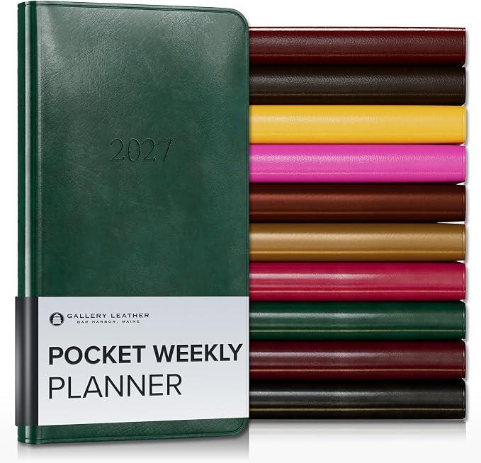 Gallery Leather Pocket Weekly Monthly Planner 2027, Elegantly Bound Calendar Planner and Notebook with Stylish Gold-Gilded Page Edges, 12 Months - Acadia Green - 6x3.25"