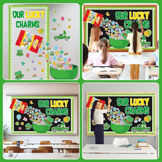 St.Patrick's Day Bulletin Board Decoration Set Green Shamrock Paper Cut Outs Our Lucky Charms Bulletin Board Set for St.Patrick’s Party Supplies Home Office School Classroom Chalkboard Wall Decor