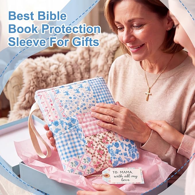 Gilprop Blue Spliced Bible Book Sleeve with Zipper 11" x 9" Padded Protector Washable Quilted Book Covers Printed Bible Pouch with Handle Pockets Protector for Books Lover Christian Gifts