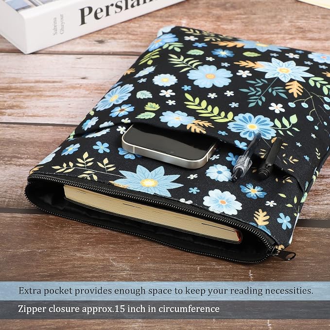 COCHIE Book Sleeve Book Cover Floral Printed with Zipper Washable Fabric for Teen Adult Book Lover Teacher Student (Medium, 11 x 8.7 Inch)