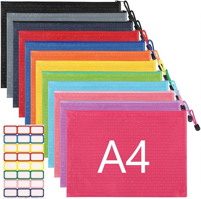 12pcs Zipper Pouch with Labels, Waterproof Pencil Storage Bags for Office Supplies Travel Accessories, A4 Size, 12 Colors