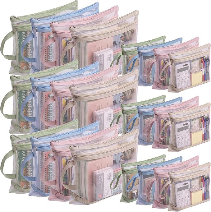 MotiMind 24 Pack Double Layer Mesh Zipper Pouch Bags A4 & A5 Large Capacity Zipper Mesh Bags for Organizing Storage Colored Storage Pouch with Handle for School Office and Home