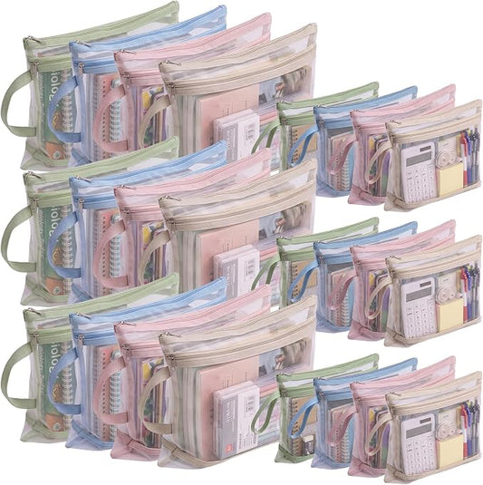 MotiMind 24 Pack Double Layer Mesh Zipper Pouch Bags A4 & A5 Large Capacity Zipper Mesh Bags for Organizing Storage Colored Storage Pouch with Handle for School Office and Home