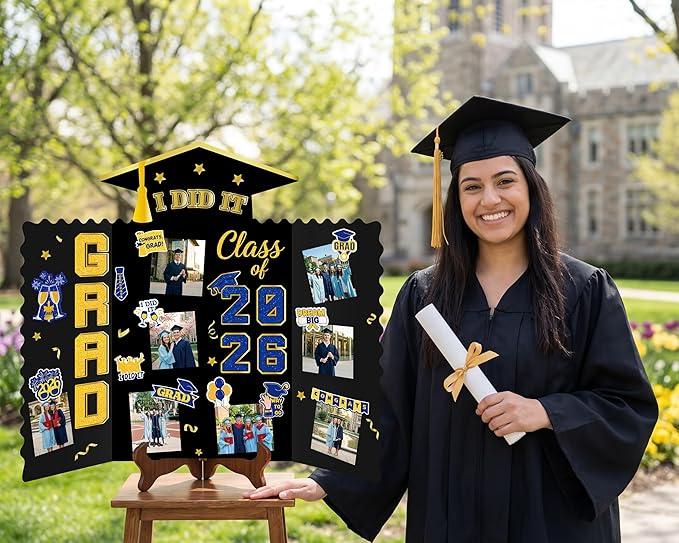 Moon Boat 5 Pack Graduation Decorations 2026 Trifold Poster Boards with Stickers Class of 2026 Grad Party Picture Display Supplies(Blue Gold)