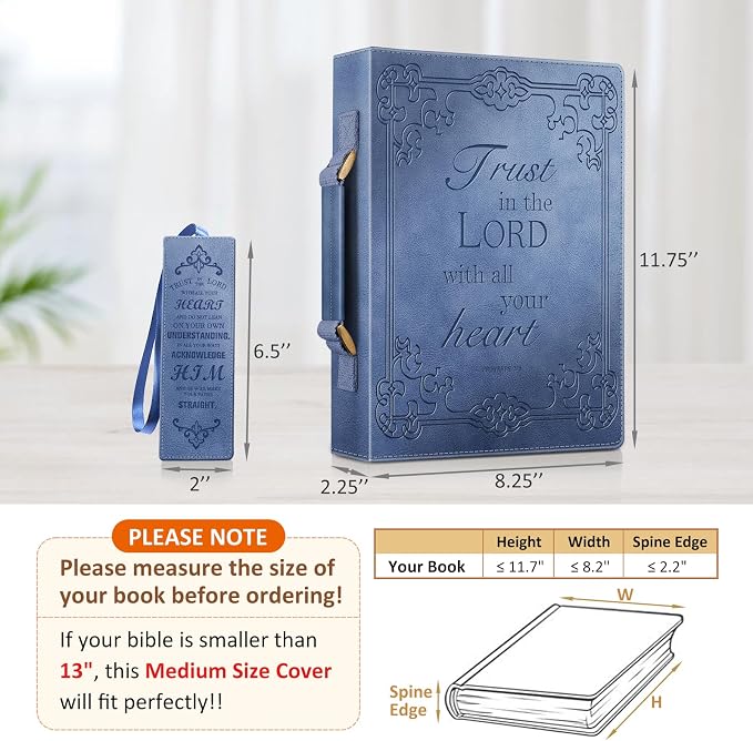 FINPAC Large Classic Bible Cover Vegan Leather Carrying Book Case Church Bag Bible Protective with Handle, Gift for Men, Women, Father, Mother, Friends, Blue