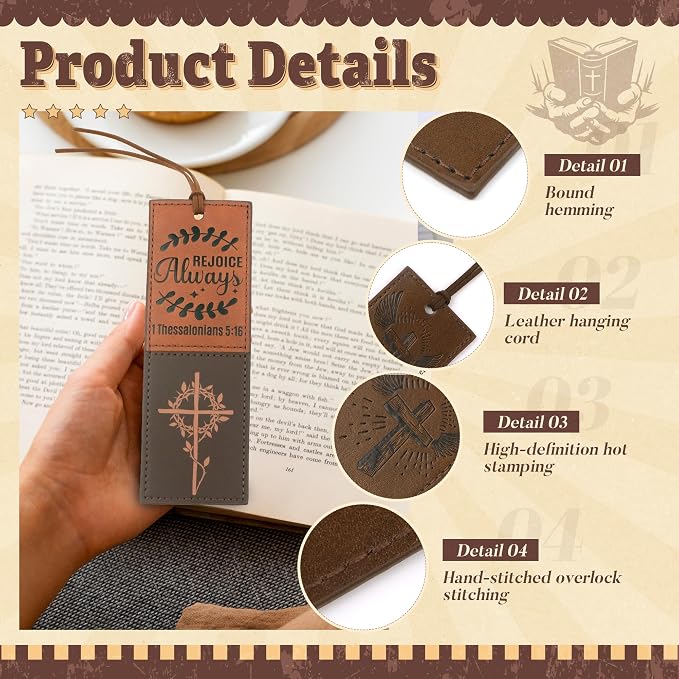 8PCS Leather Bookmark Bible Bookmarks for Reading Women Men Teacher Book Lovers Gifts, Stitched Religious Christian Bookmark Page Markers Inspirational Bible Verse Scripture Book Marks (Vintage)